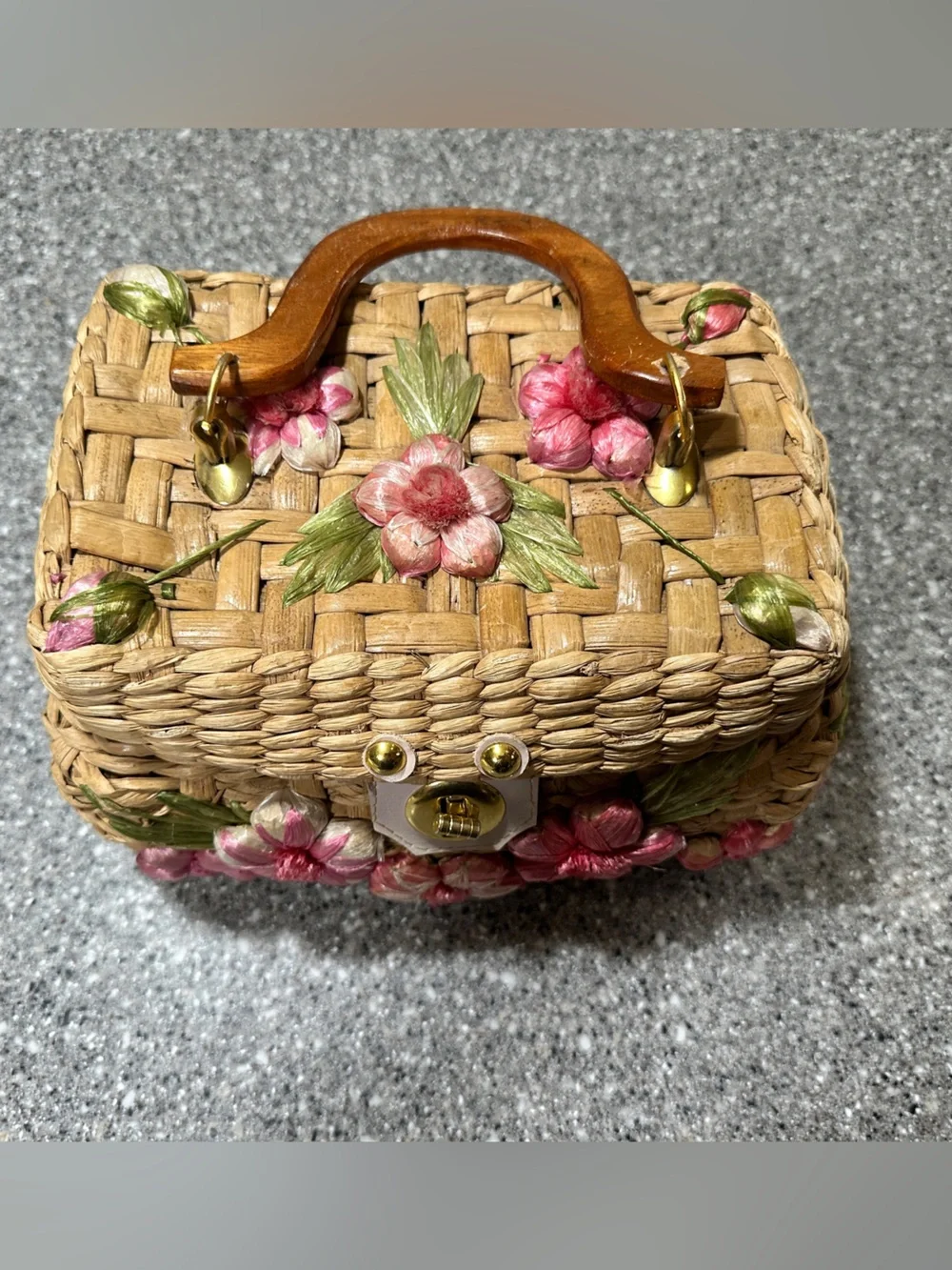 Vintage Woven Straw Basket Box Purse Handbag Wood Handle Raffia Flowers 10x6” - Picture 6 of 10